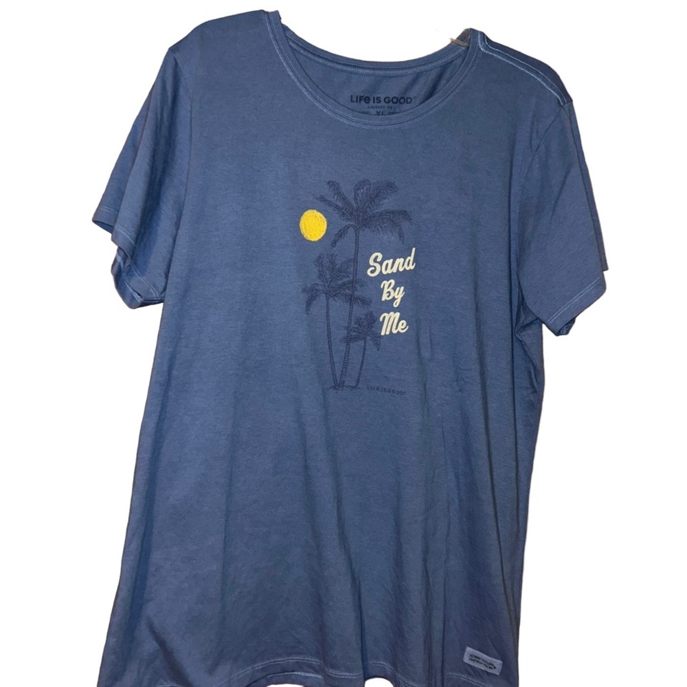 Life is Good 100% Cotton Crusher V Neck T Shirt XL “Sand by me “blue beach top